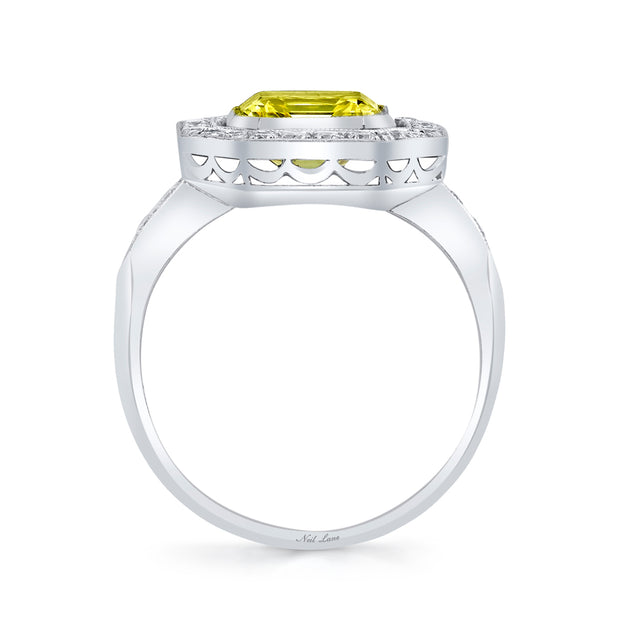 Neil Lane Couture Fancy Yellow Color Square Emerald-Cut Diamond, Platinum Ring