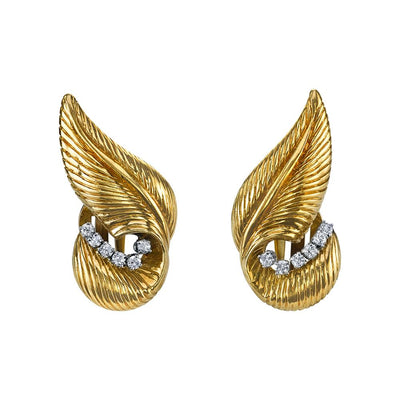Mid-Century Diamond, 14K Yellow Gold Leaf Earrings