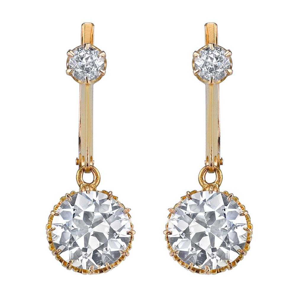 Vintage Old European-Cut Diamond, 18K Yellow Gold Earrings