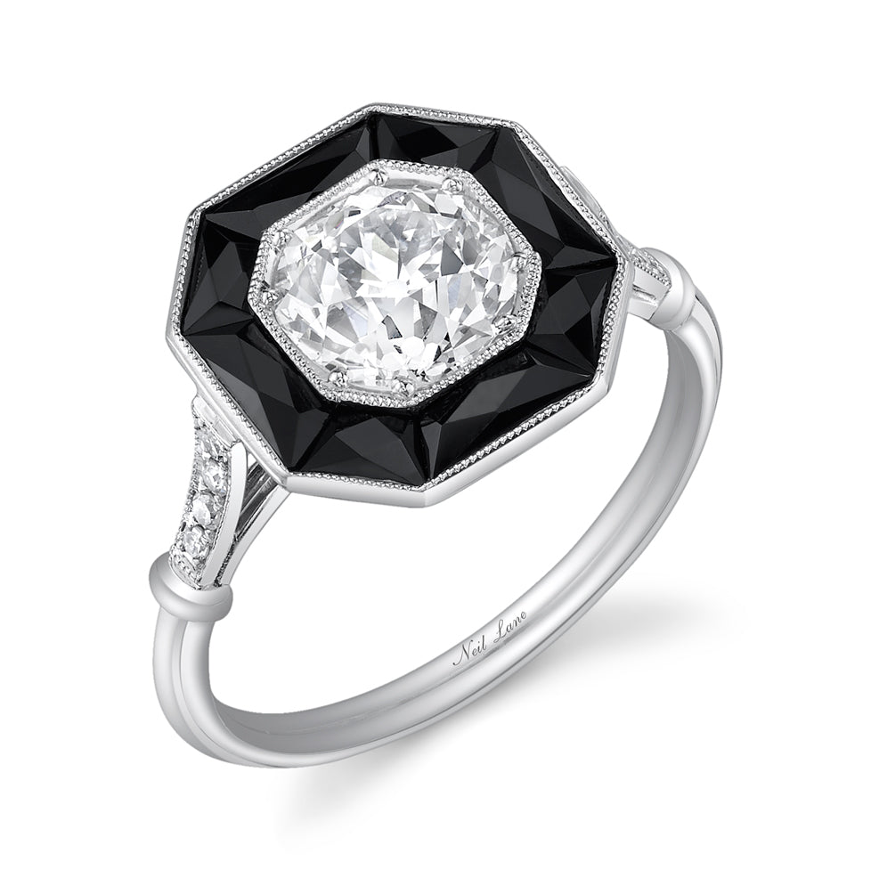 Old European-Cut Diamond Engagement Ring, Onyx (Platinum