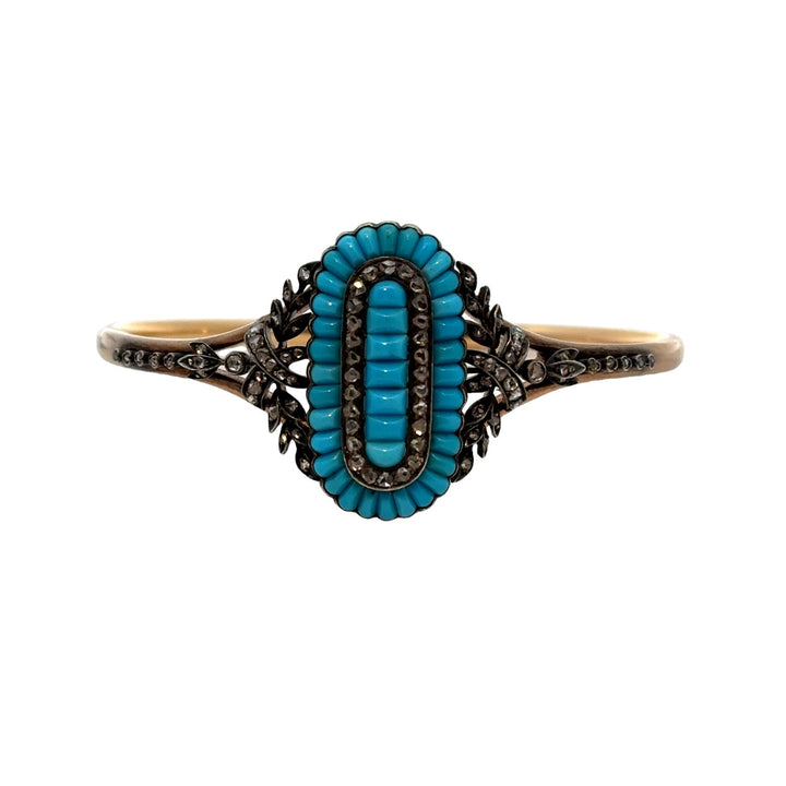 Antique Turquoise, Diamond, Silver-topped, 18k  Gold Hinged Bangle Bracelet