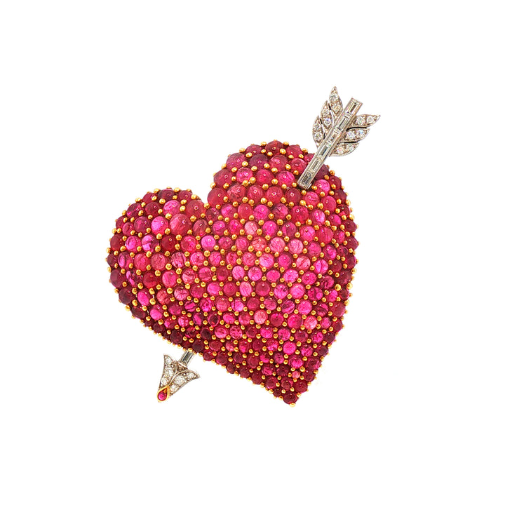 Mid-Century Ruby, Diamond Gold Heart brooch