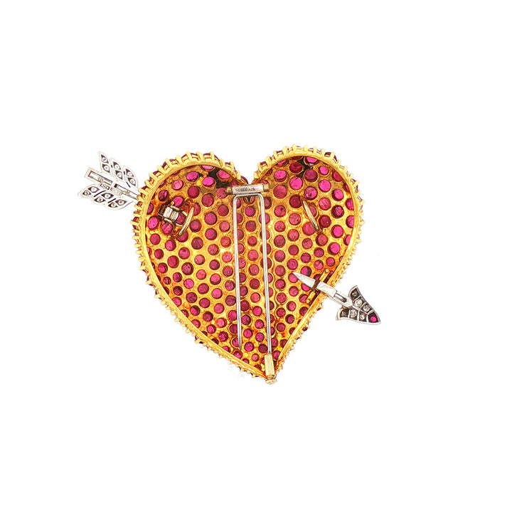 Mid-Century Ruby, Diamond Gold Heart brooch