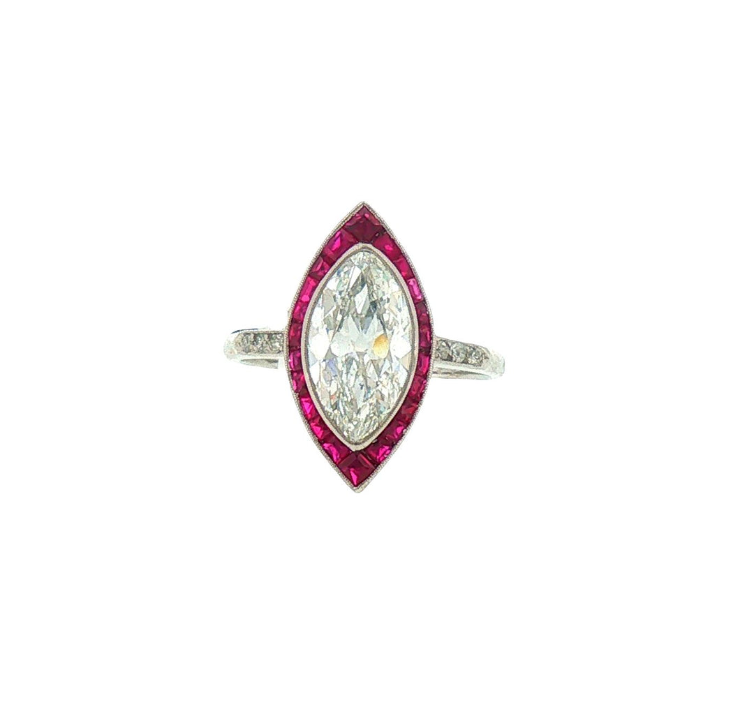 Art Deco Marquise Shaped  Diamond & Ruby Ring