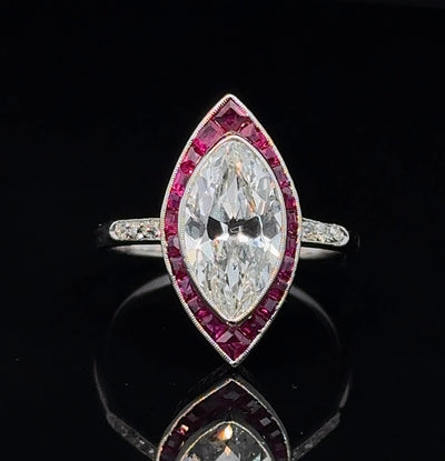 Art Deco Marquise Shaped  Diamond & Ruby Ring