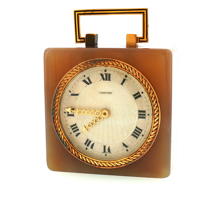 Art Deco Cartier Agate Chalcedony, Black Enamel, 18k Gold Desk Clock