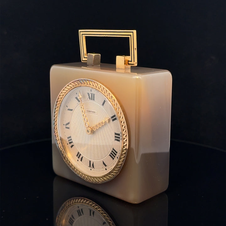 Art Deco Cartier Agate Chalcedony, Black Enamel, 18k Gold Desk Clock