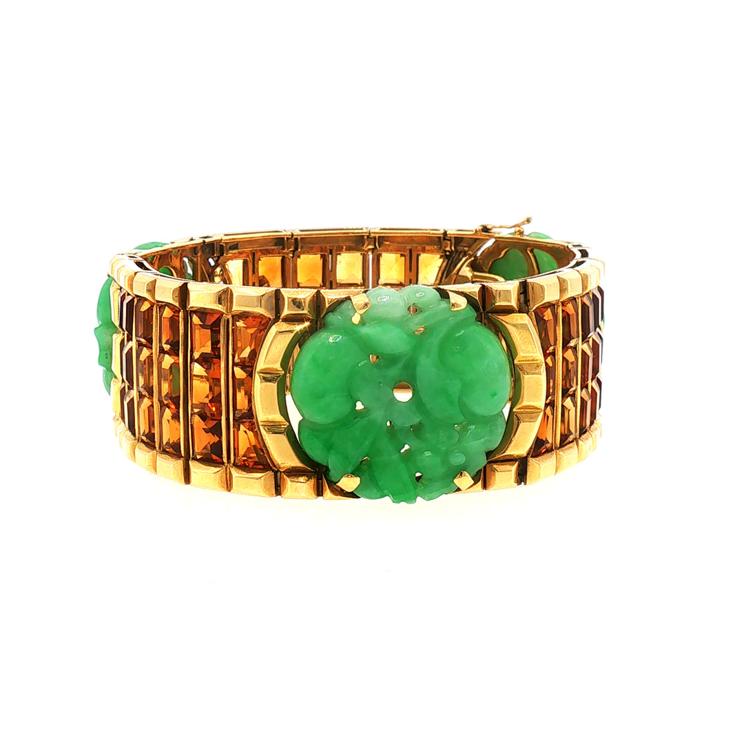 Art Deco French Gold Citrine and Jade Bracelet