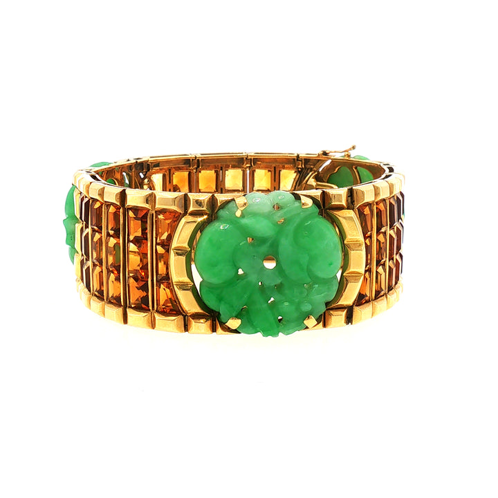 Art Deco French Gold Citrine and Jade Bracelet
