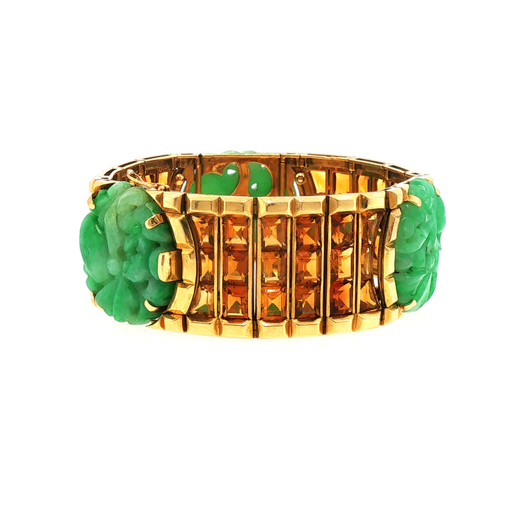 Art Deco French Gold Citrine and Jade Bracelet