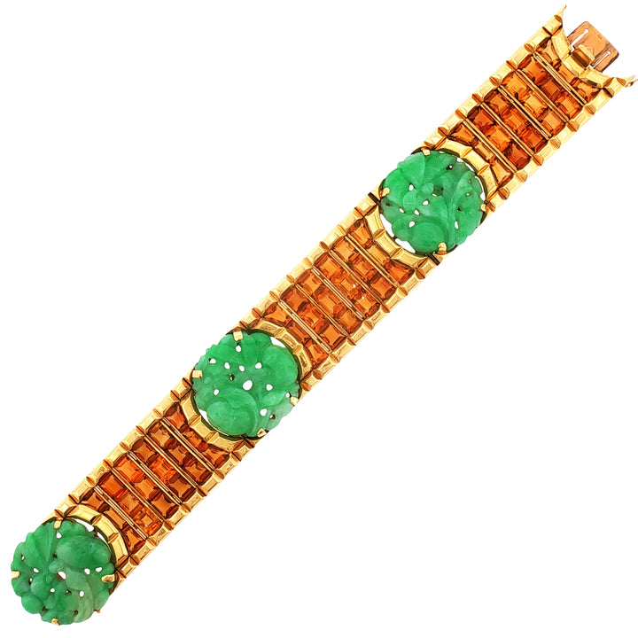 Art Deco French Gold Citrine and Jade Bracelet