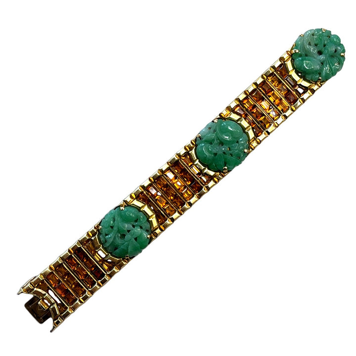 Art Deco French Gold Citrine and Jade Bracelet