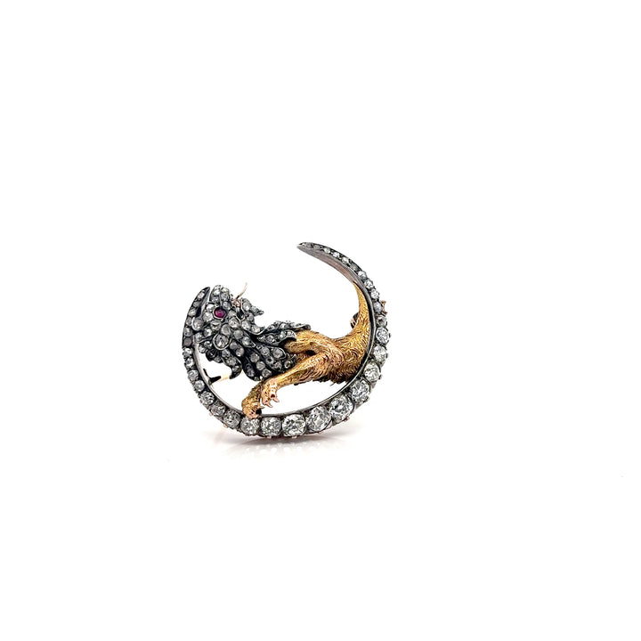 Antique Silver-Topped Gold Griffin/Lion Crescent Brooch
