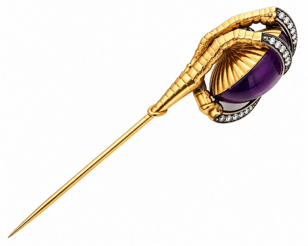 Victorian Oval Amethyst Cabochon Claw Hat/Lapel Pin