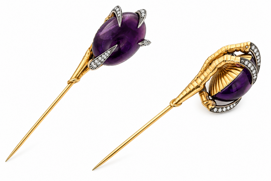 Victorian Oval Amethyst Cabochon Claw Hat/Lapel Pin