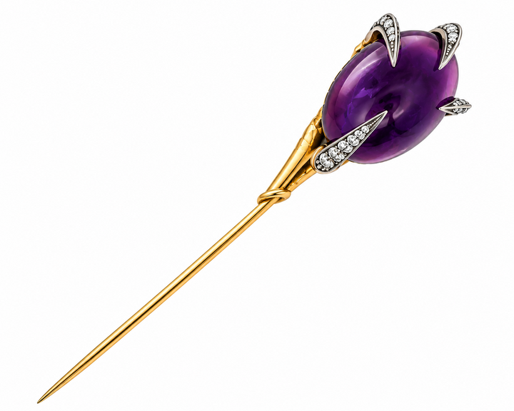 Victorian Oval Amethyst Cabochon Claw Hat/Lapel Pin