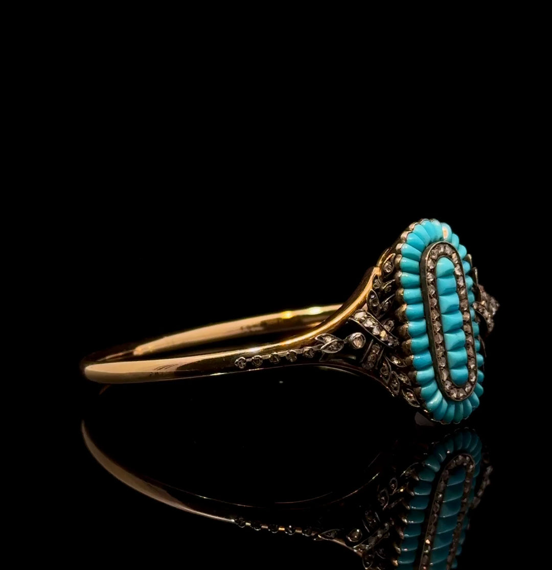 Antique Turquoise, Diamond, Silver-topped, 18k  Gold Hinged Bangle Bracelet