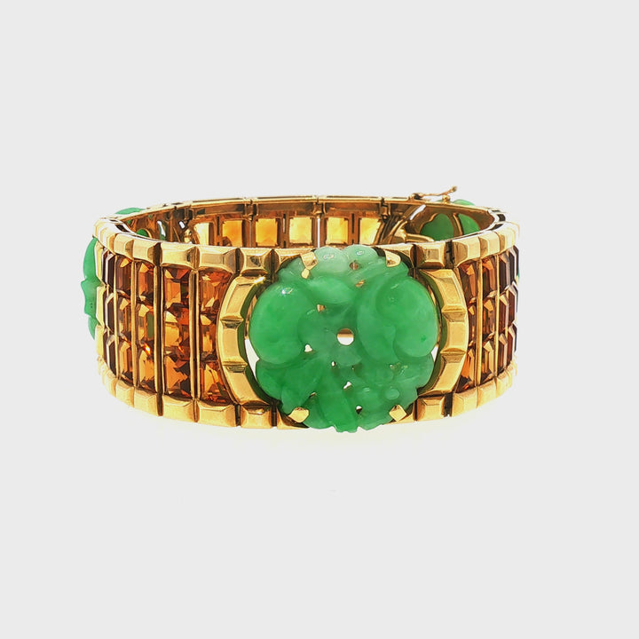 Art Deco French Gold Citrine and Jade Bracelet
