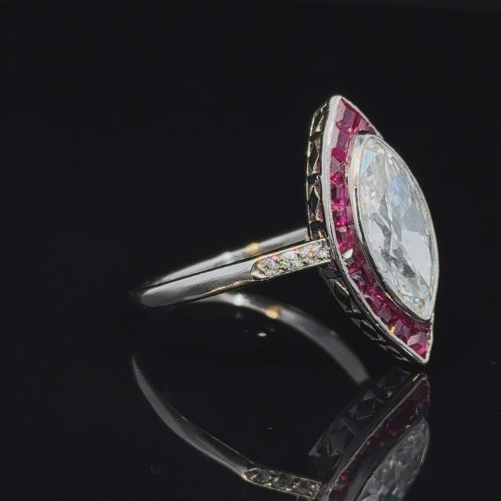 Art Deco Marquise Shaped  Diamond & Ruby Ring