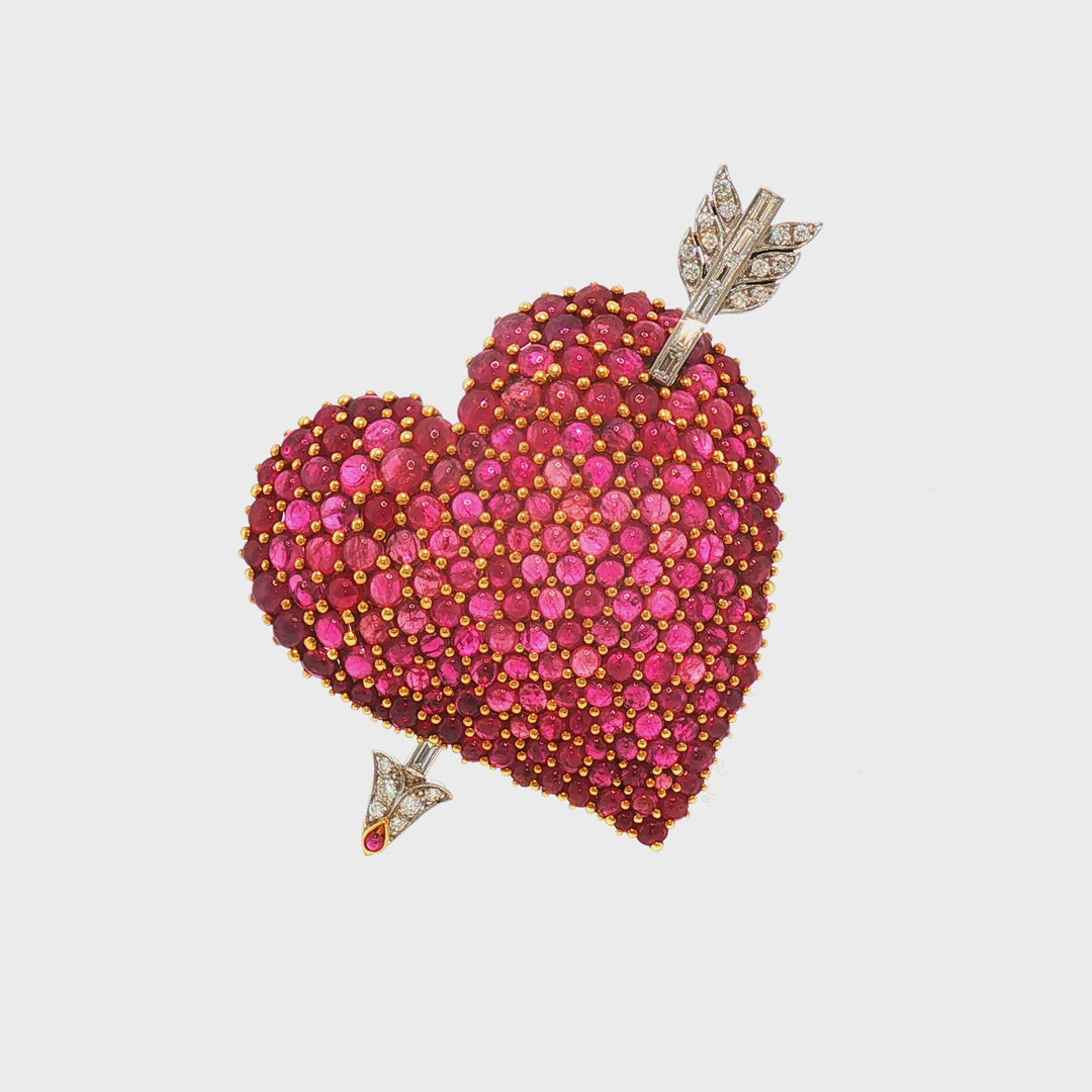 Mid-Century Ruby, Diamond Gold Heart brooch