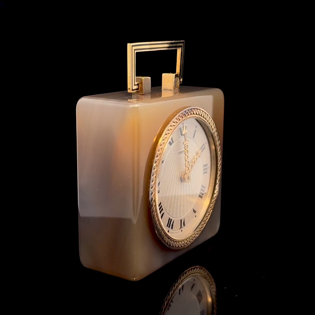 Art Deco Cartier Agate Chalcedony, Black Enamel, 18k Gold Desk Clock