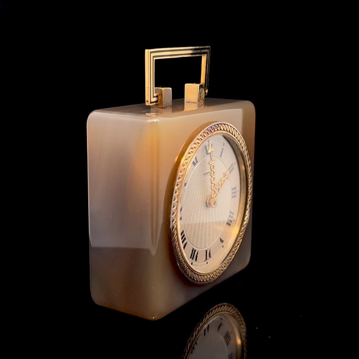 Art Deco Cartier Agate Chalcedony, Black Enamel, 18k Gold Desk Clock