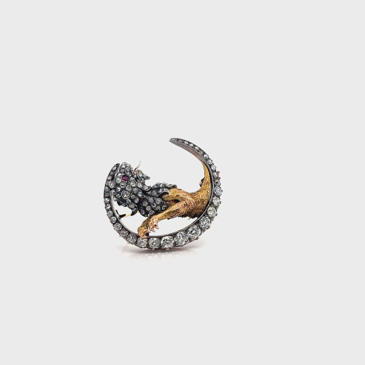 Antique Silver-Topped Gold Griffin/Lion Crescent Brooch