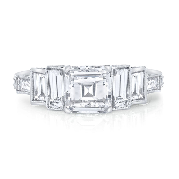 Vintage Design Art Deco Style Square Emerald-Cut Diamond, Platinum Ring