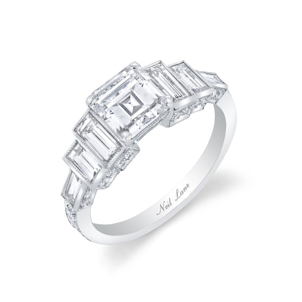 Vintage Design Art Deco Style Square Emerald-Cut Diamond, Platinum Ring