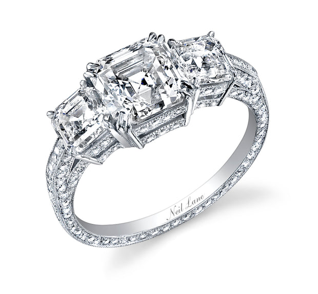 Neil Lane Couture Design "Three Stone" Square Emerald Cut Diamond, Platinum Ring