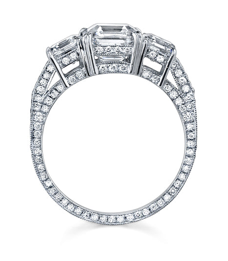Neil Lane Couture Design "Three Stone" Square Emerald Cut Diamond, Platinum Ring