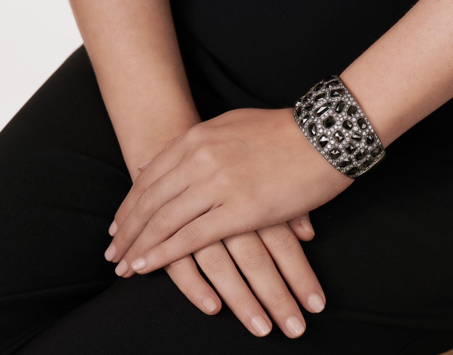 Neil Lane Couture Black White Diamond Platinum Cuff Bracelet
