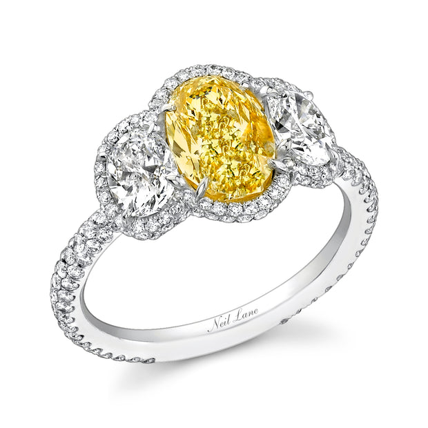 Neil Lane Couture Design Yellow & White Diamond Three Stone Platinum Ring