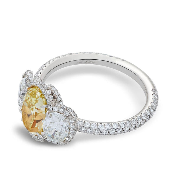 Neil Lane Couture Design Yellow & White Diamond Three Stone Platinum Ring