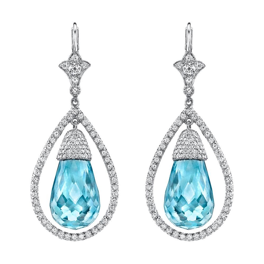 Aquamarine Halo Diamond Earrings in 18K White Gold