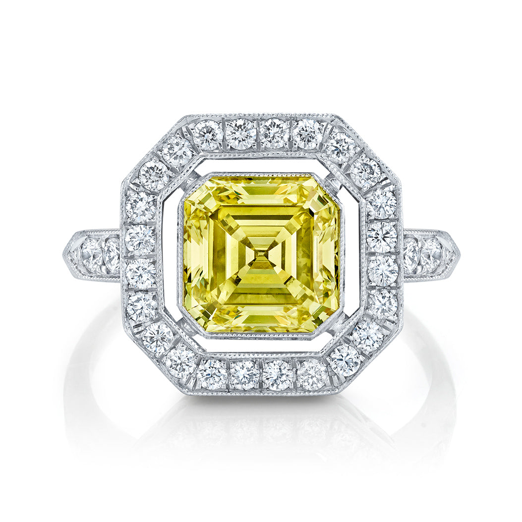 Neil Lane Couture Fancy Yellow Color Square Emerald-Cut Diamond, Platinum Ring