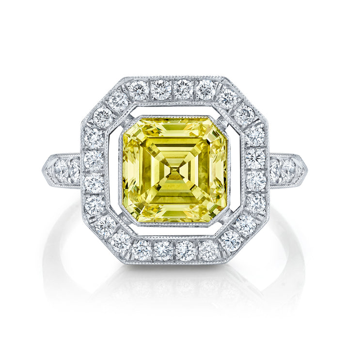 Neil Lane Couture Fancy Yellow Color Square Emerald-Cut Diamond, Platinum Ring