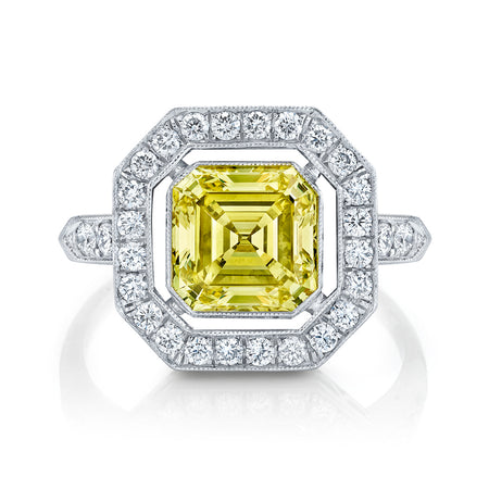 Neil Lane Couture Design Fancy Yellow Color Square Emerald-Cut Diamond, Platinum Ring