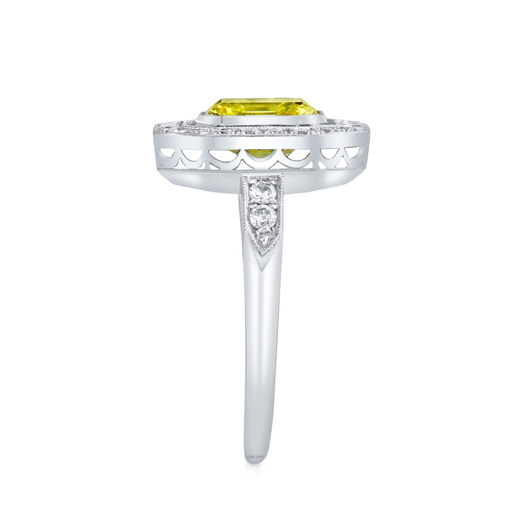 Neil Lane Couture Fancy Yellow Color Square Emerald-Cut Diamond, Platinum Ring