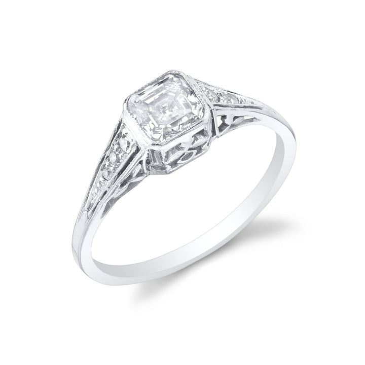 Art Deco Square Emerald Cut Diamond, Platinum Ring