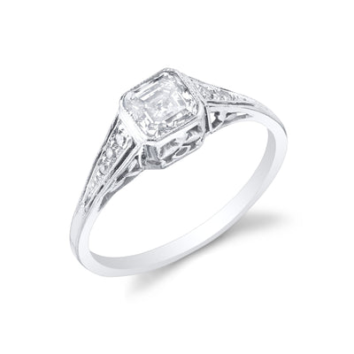 Art Deco Square Emerald Cut Diamond, Platinum Ring