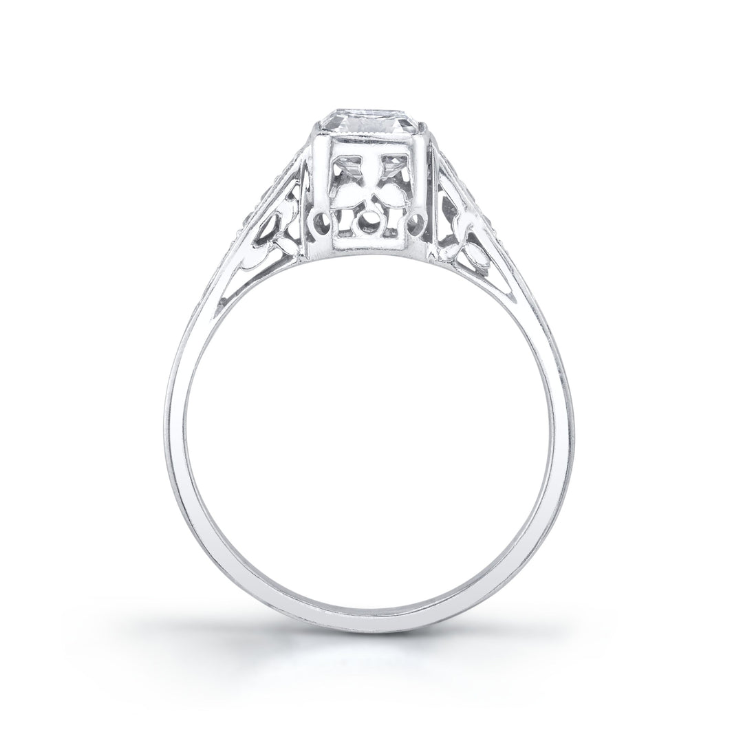 Art Deco Square Emerald Cut Diamond, Platinum Ring