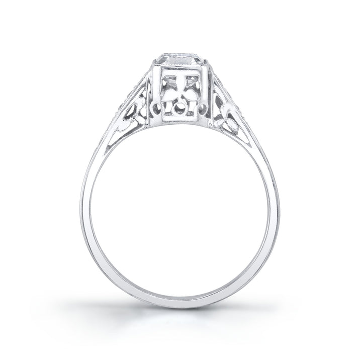 Art Deco Square Emerald Cut Diamond, Platinum Ring