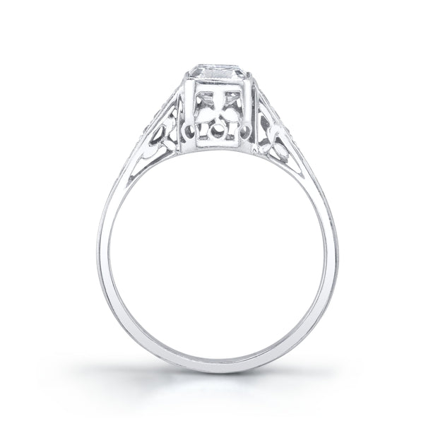 Art Deco Square Emerald Cut Diamond, Platinum Ring