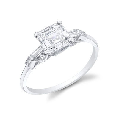 Art Deco "Square Emerald Cut" Diamond, Platinum Ring