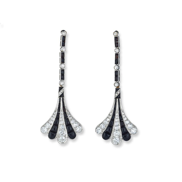Vintage Art Deco Onyx, Diamond, Platinum Earrings