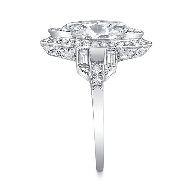 Art Deco Moval-Shaped Diamond, Platinum Ring