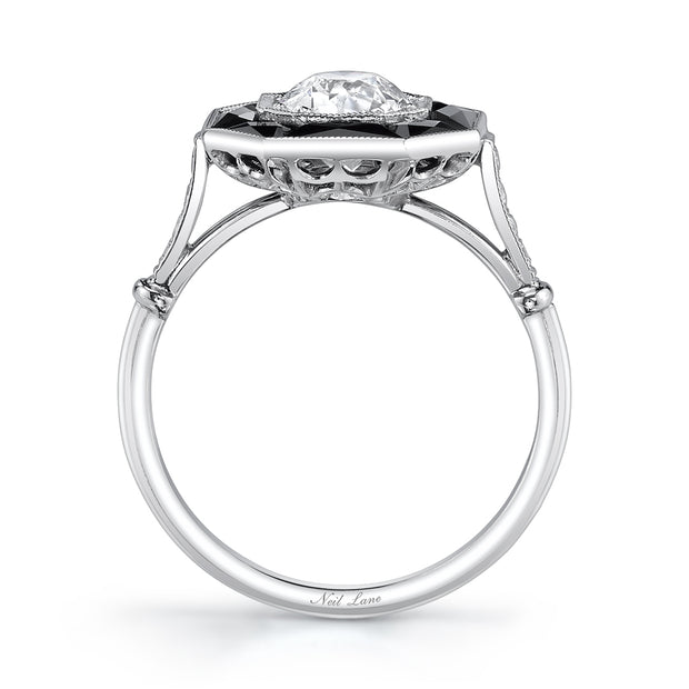 Vintage Design Art Deco Style Old European-Cut Diamond, Onyx, Platinum Ring