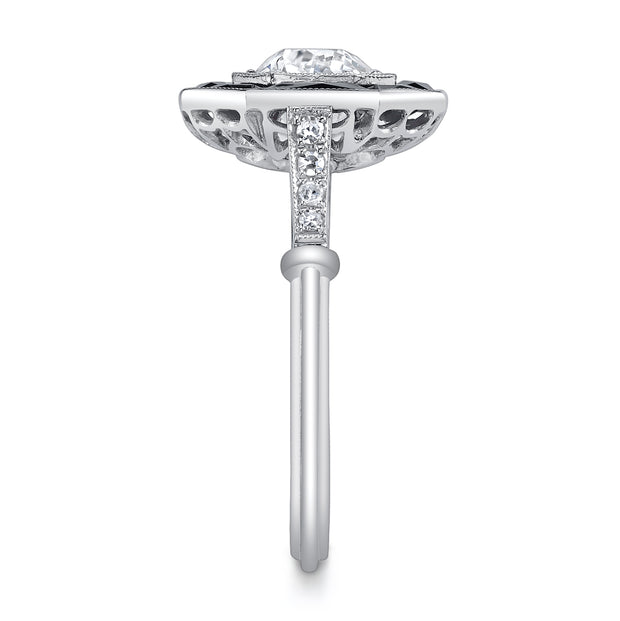 Vintage Design Art Deco Style Old European-Cut Diamond, Onyx, Platinum Ring