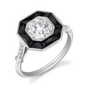 Vintage Design Art Deco Style Old European-Cut Diamond, Onyx, Platinum Ring